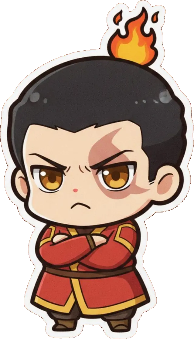 A tiny stylized Zuko throws a fiery temper tantrum with little puffs of steam escaping his mouth.