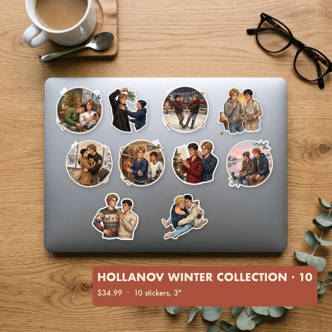 Ilya and Shane enjoy a romantic snowy getaway across a cozy collection of holiday scenes.