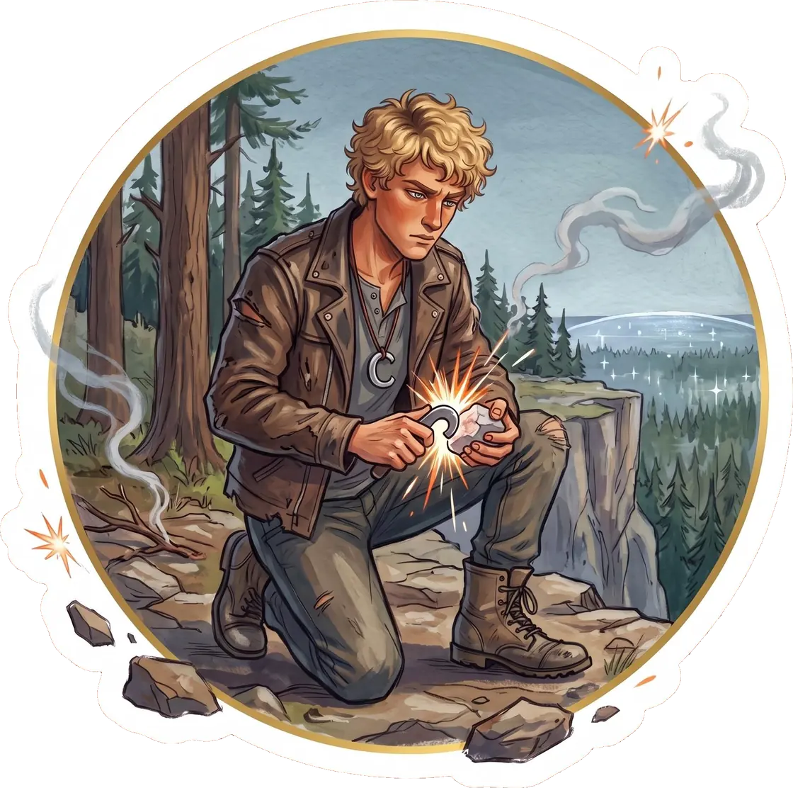 Haymitch stands near the treacherous edge of the arena cliff attempting to strike his flint for a fire.