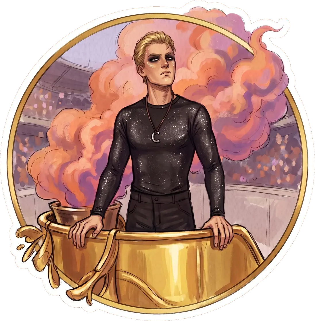 Haymitch stands tall in his district chariot as thick atmospheric smoke billows around him on the avenue.