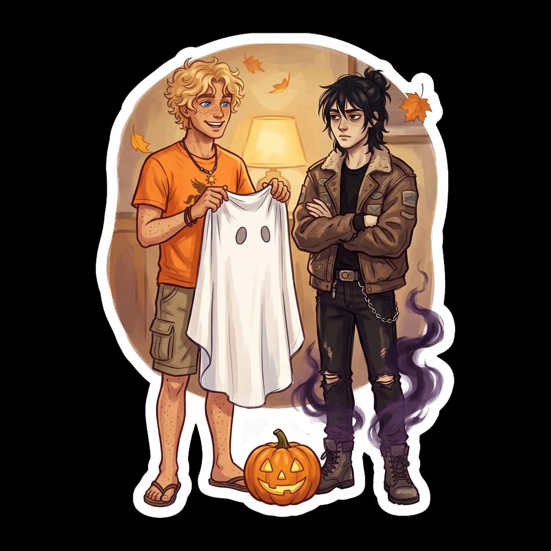 Nico stands in his usual dark clothes with a makeshift sheet ghost costume draped lazily over his head. The son of Hades is clearly unimpressed by the camp Halloween festivities, preferring to claim h
