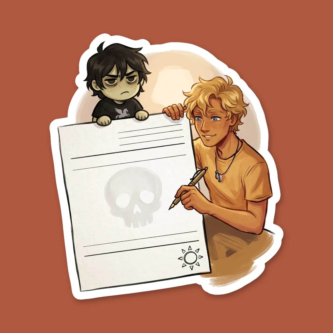 A stern but fond Will holds a glowing medical clipboard with a strict order of three days rest in the infirmary. The prescription notes are written in neat ancient Greek, specifically addressed to a s, view 2