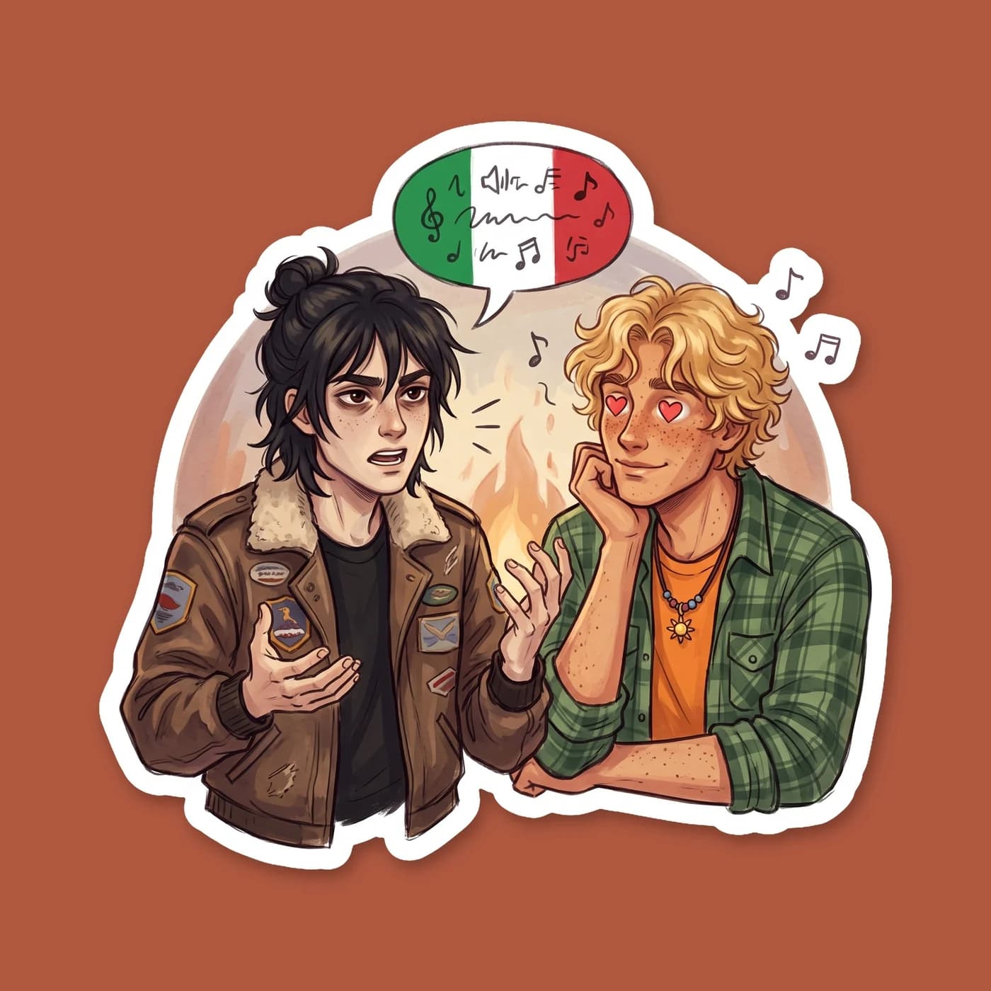 Will guides Nico through the chords on an acoustic guitar, wrapping his warm hands over pale fingers to teach him the language of music. Nico wears a rare, soft expression of focus as a gentle golden , view 2
