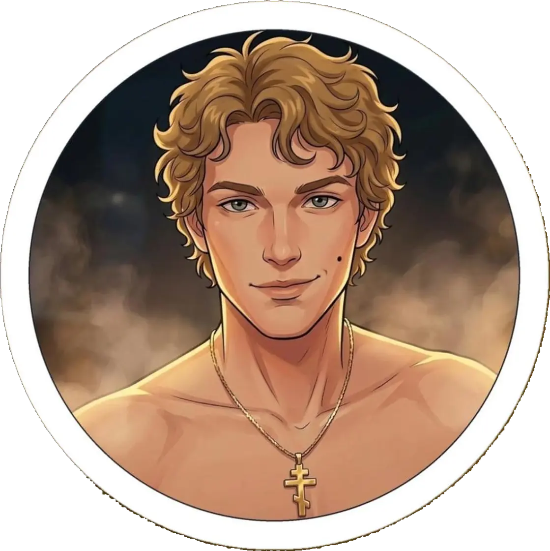 A brooding Ilya glances over his shoulder while wearing nothing but his familiar silver cross necklace.