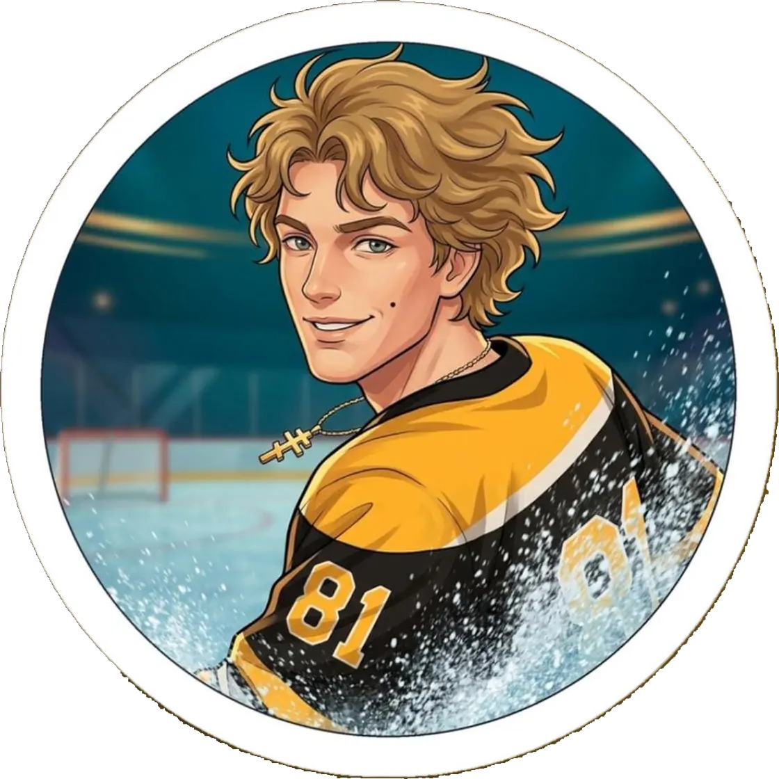 Ilya kicks up a dramatic spray of ice while stopping sharply in his home Boston hockey gear.