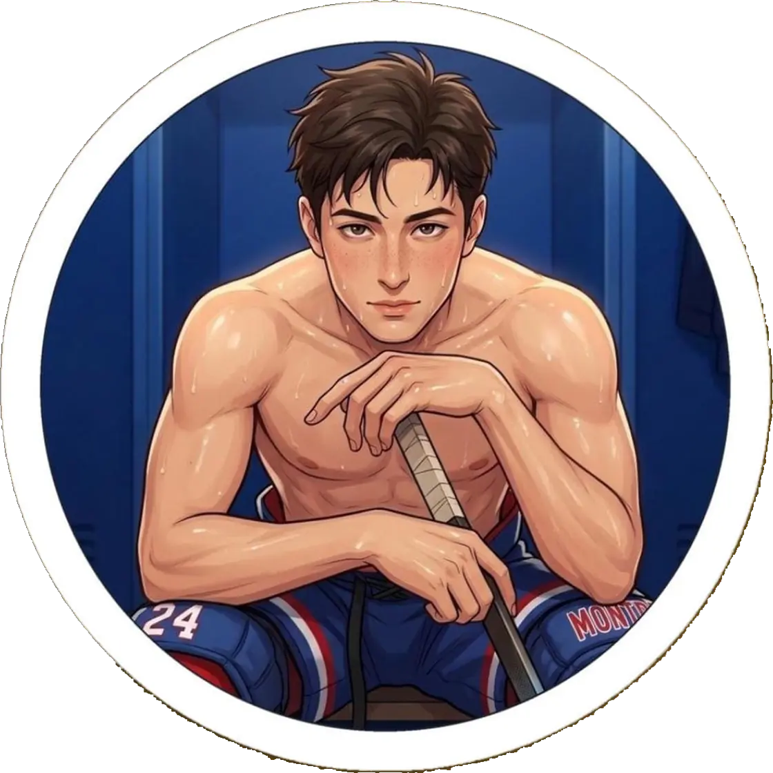 Shane Hollander cools down shirtless in the locker room after a grueling and intensely competitive hockey game.