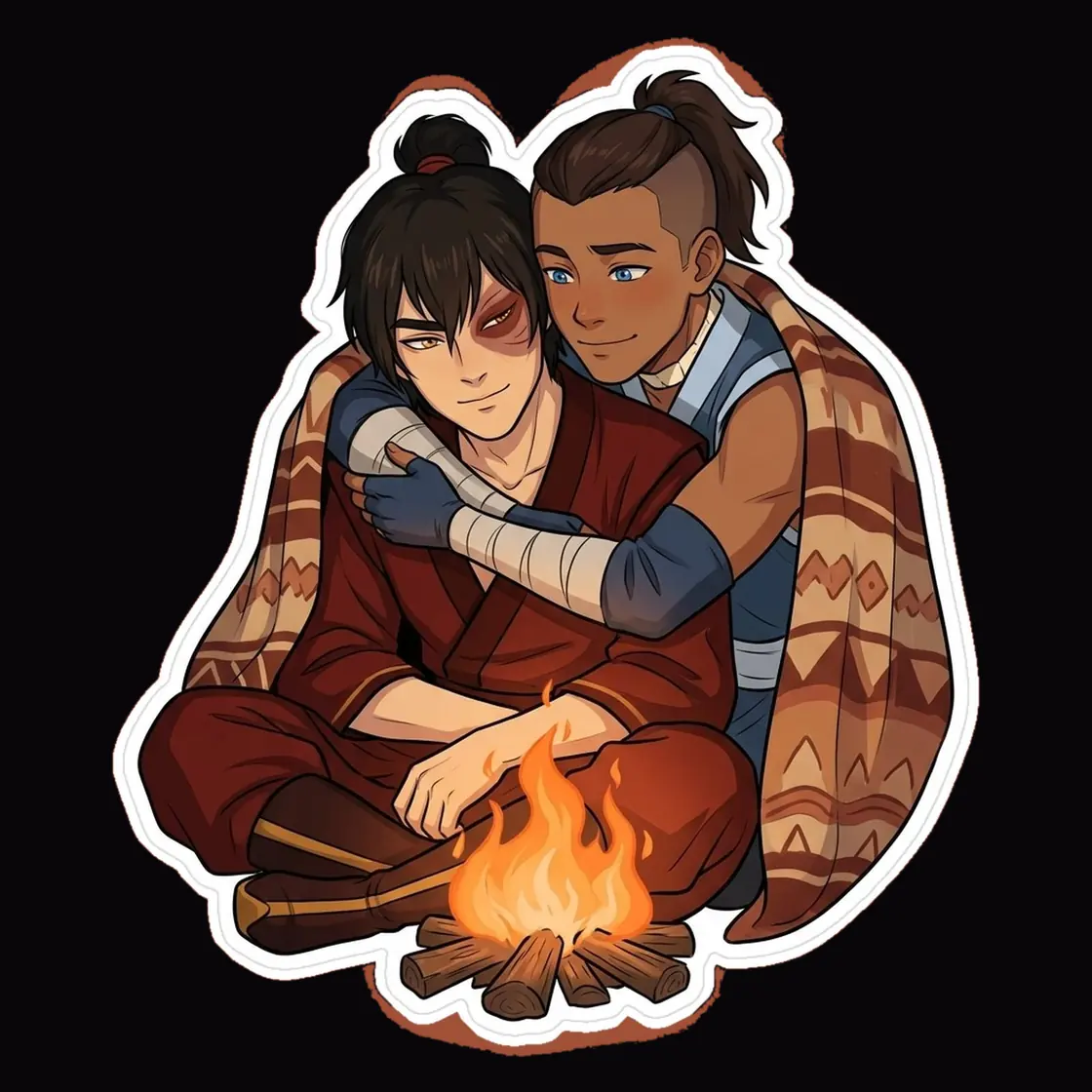Zuko and Sokka find warmth and comfort in each other's arms while resting beside a crackling campfire.