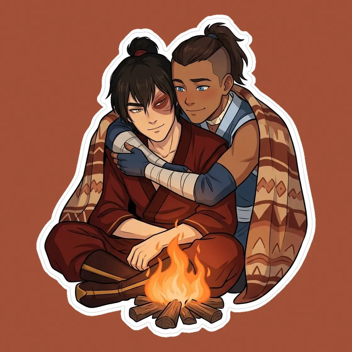 Zuko and Sokka find warmth and comfort in each other's arms while resting beside a crackling campfire., view 2