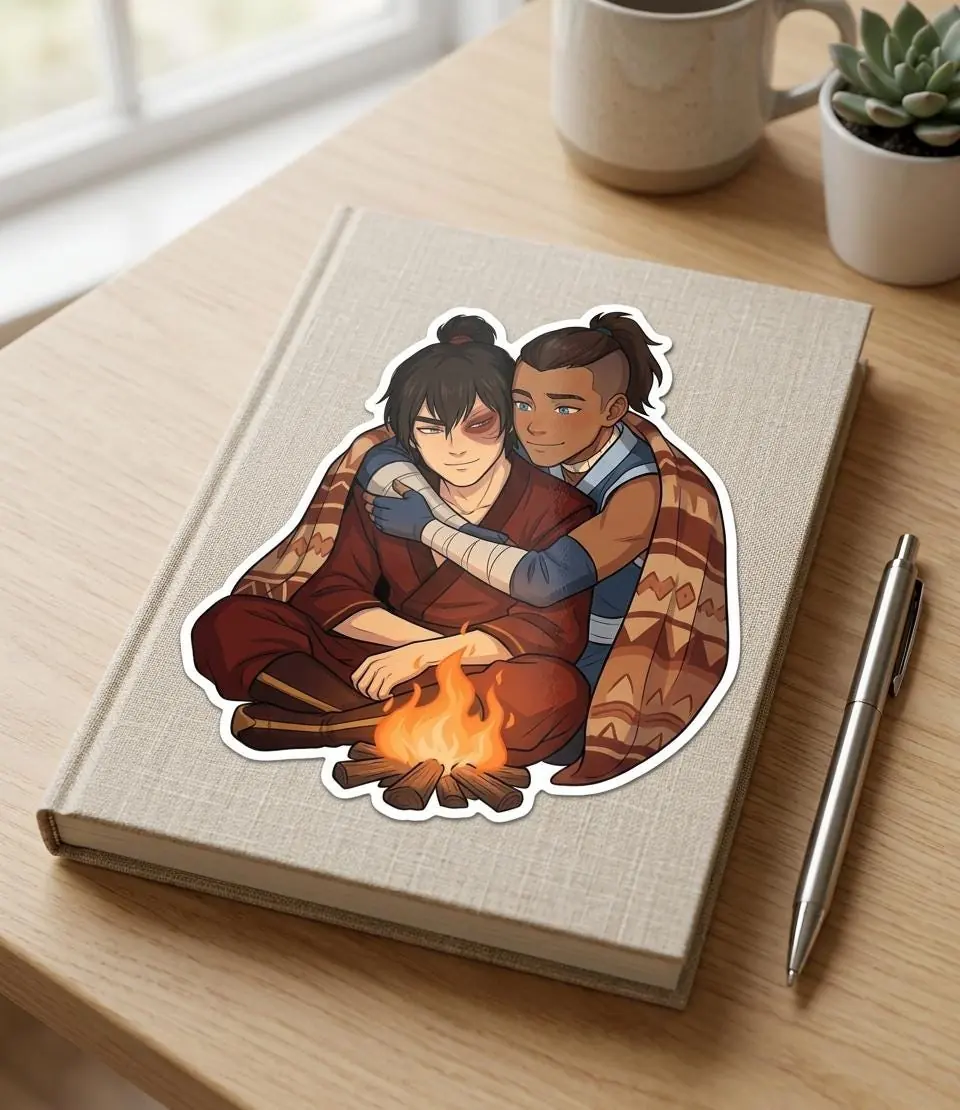 Zuko and Sokka find warmth and comfort in each other's arms while resting beside a crackling campfire., view 7