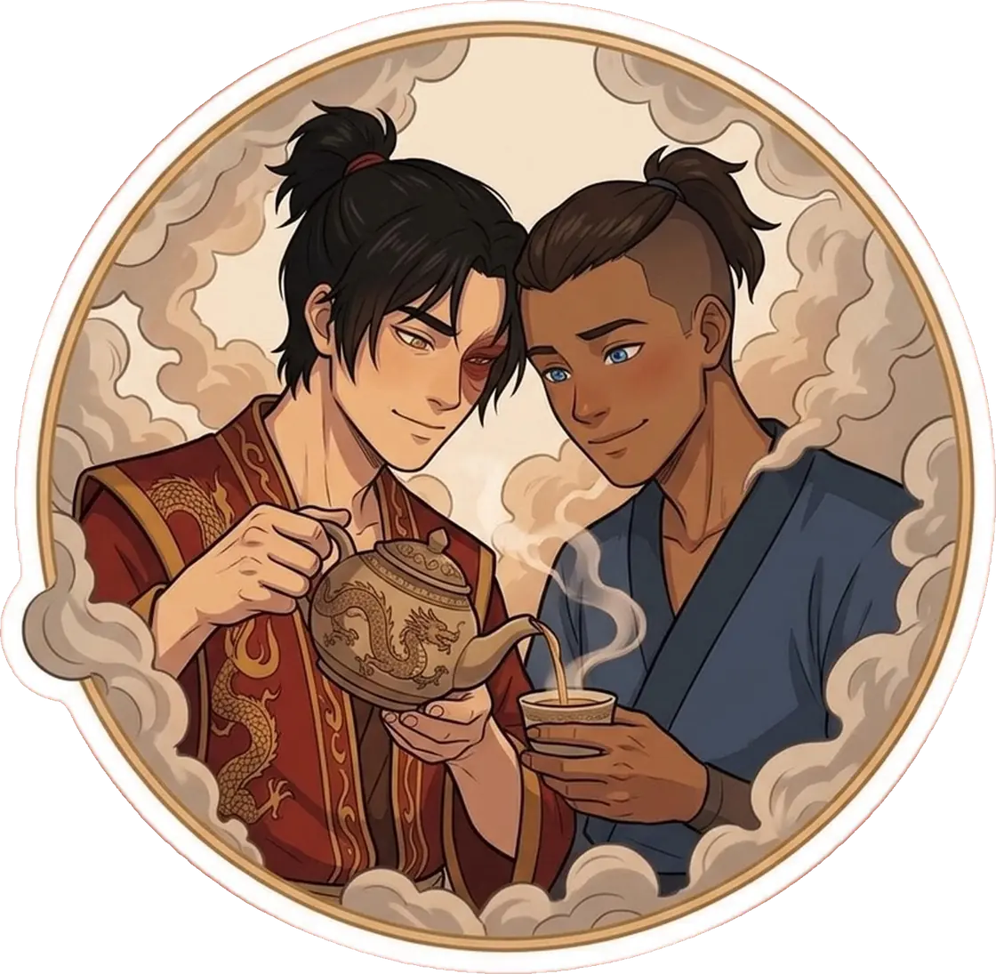 Zuko carefully pours a warm cup of jasmine tea for Sokka in this quiet and domestic teahouse scene.