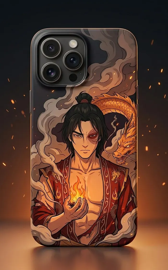 Zuko stands fiercely alongside a powerful fire dragon, channeling his passionate inner strength and complex destiny as the Fire Lord.