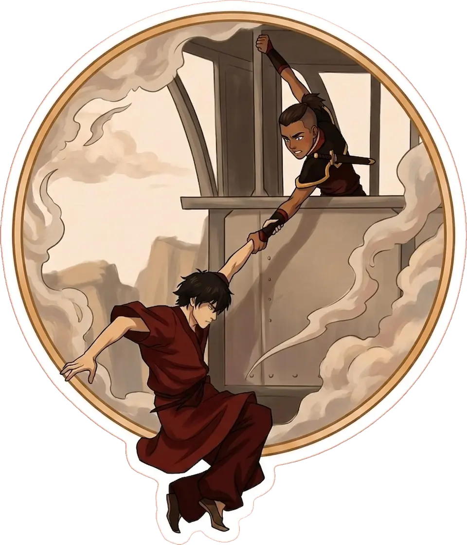Zuko desperately catches Sokka by the hand during their daring and emotional escape from the Boiling Rock prison.