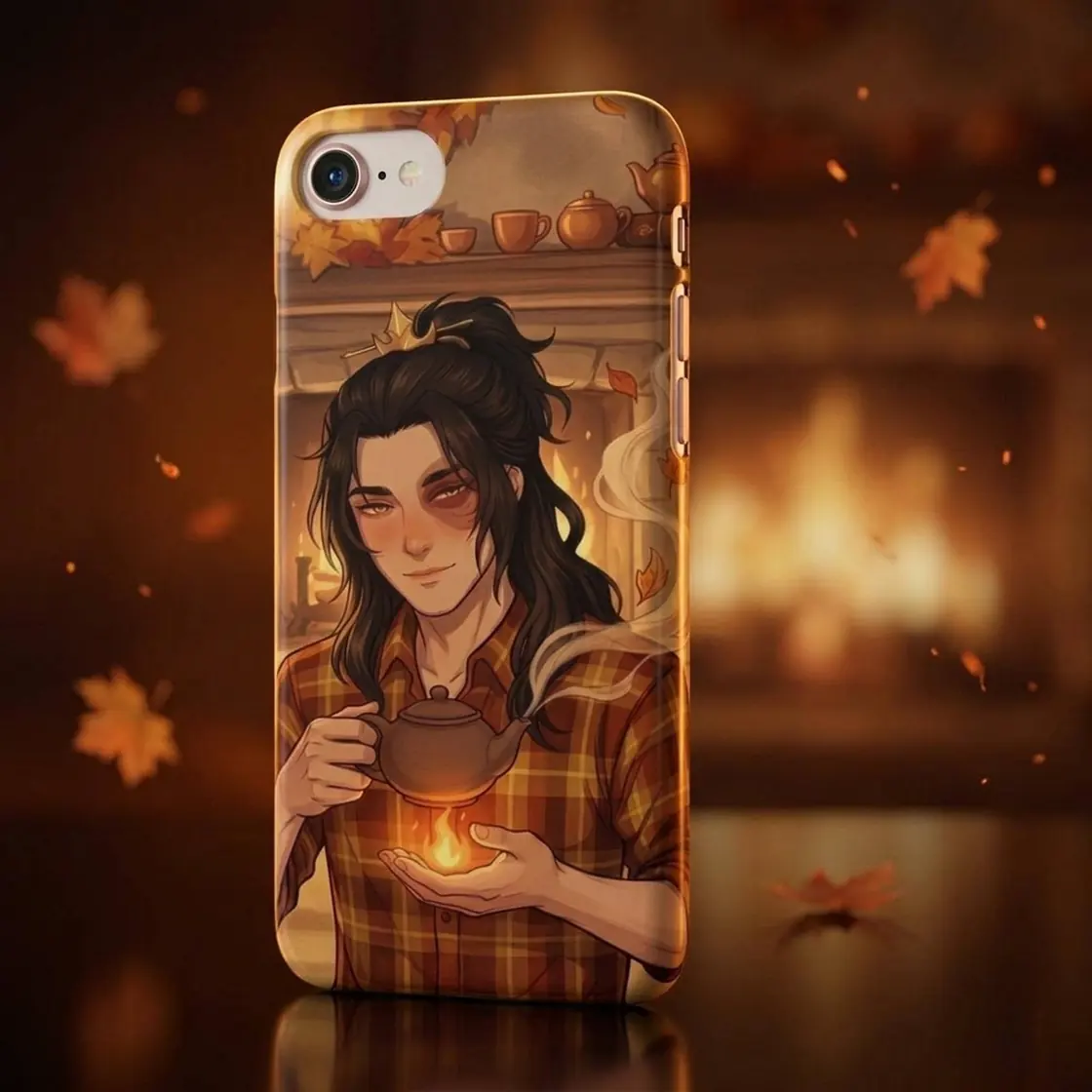 The Fire Prince takes a moment to relax during a crisp autumn day surrounded by falling leaves.