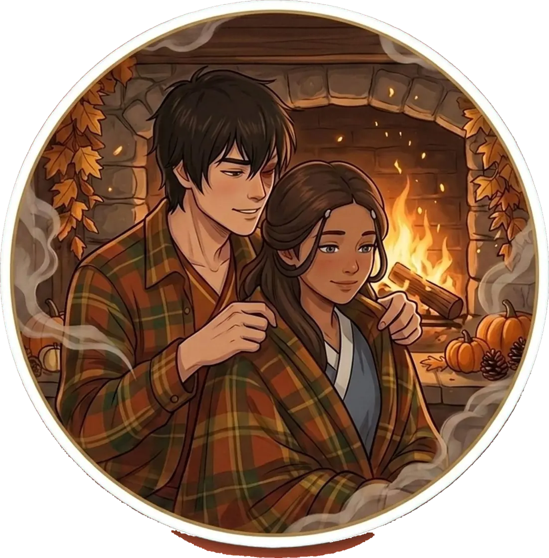 Zuko and Katara enjoy the changing autumn leaves in this peaceful scene of quiet companionship and warmth.