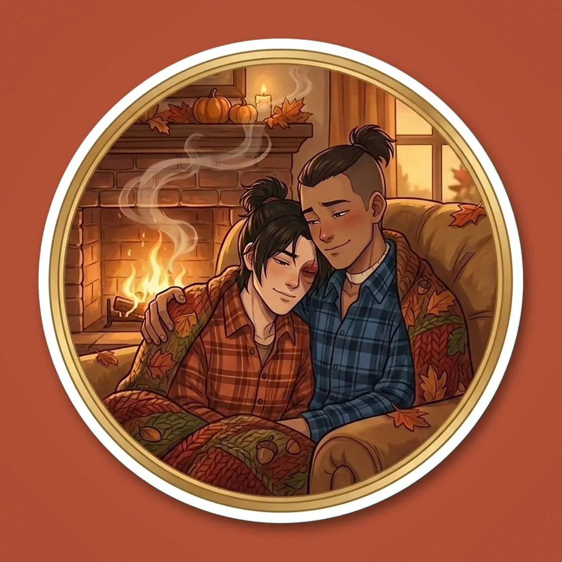 Zuko and Sokka share a quiet autumn moment surrounded by falling leaves and a crisp seasonal breeze., view 2