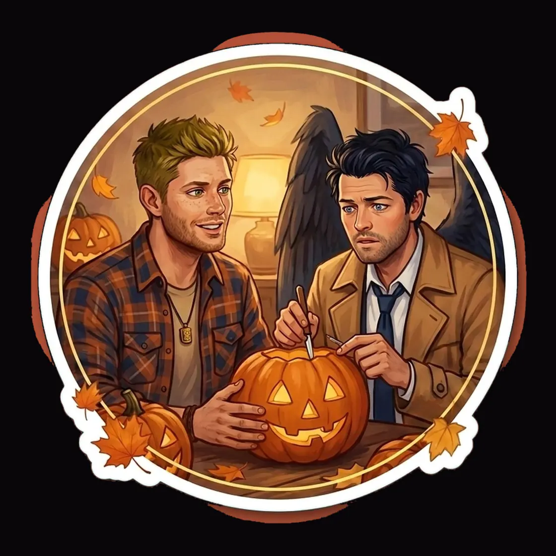 Dean and Castiel sit together on a cozy autumn evening carving a grinning jack-o-lantern.