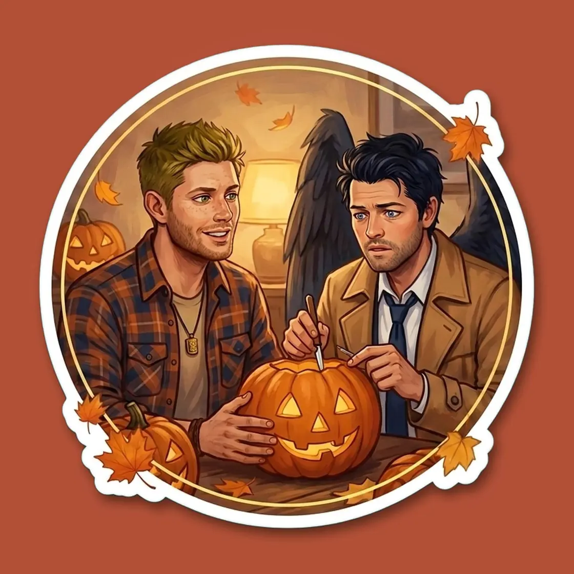 Dean and Castiel sit together on a cozy autumn evening carving a grinning jack-o-lantern., view 2