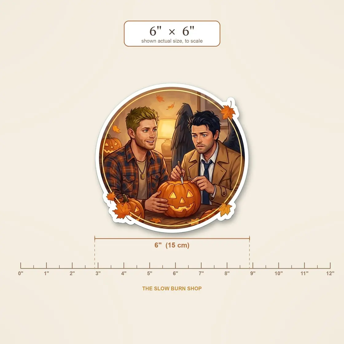 Dean and Castiel sit together on a cozy autumn evening carving a grinning jack-o-lantern., view 7