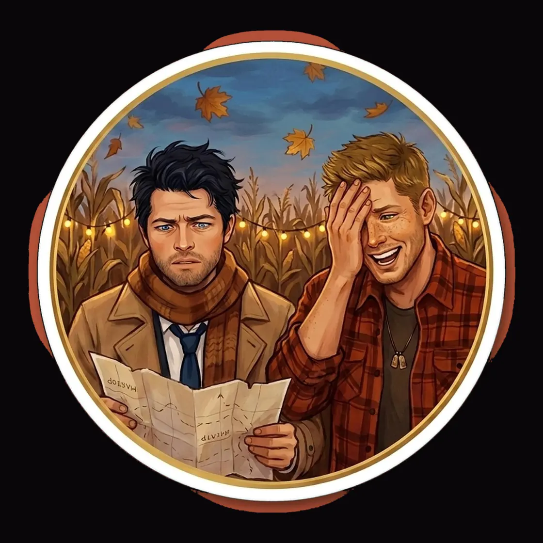 Dean angrily checks his makeshift map while Cas looks entirely unbothered about being hopelessly lost in a dense corn maze.