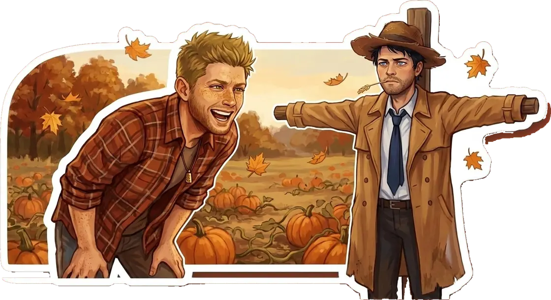 Cas attempts to blend in with the autumn harvest by standing perfectly still dressed as an adorably serious scarecrow.