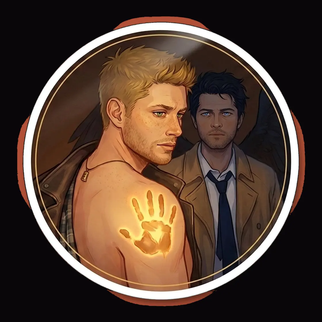 A scorched angelic handprint remains fiercely seared into skin as a permanent mark of a profoundly deep bond.