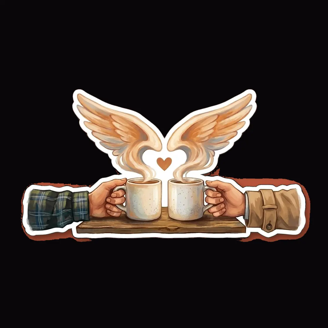 Two steaming coffee mugs sit side by side, one adorned with delicate angel wings to lovingly represent Dean and Castiel.
