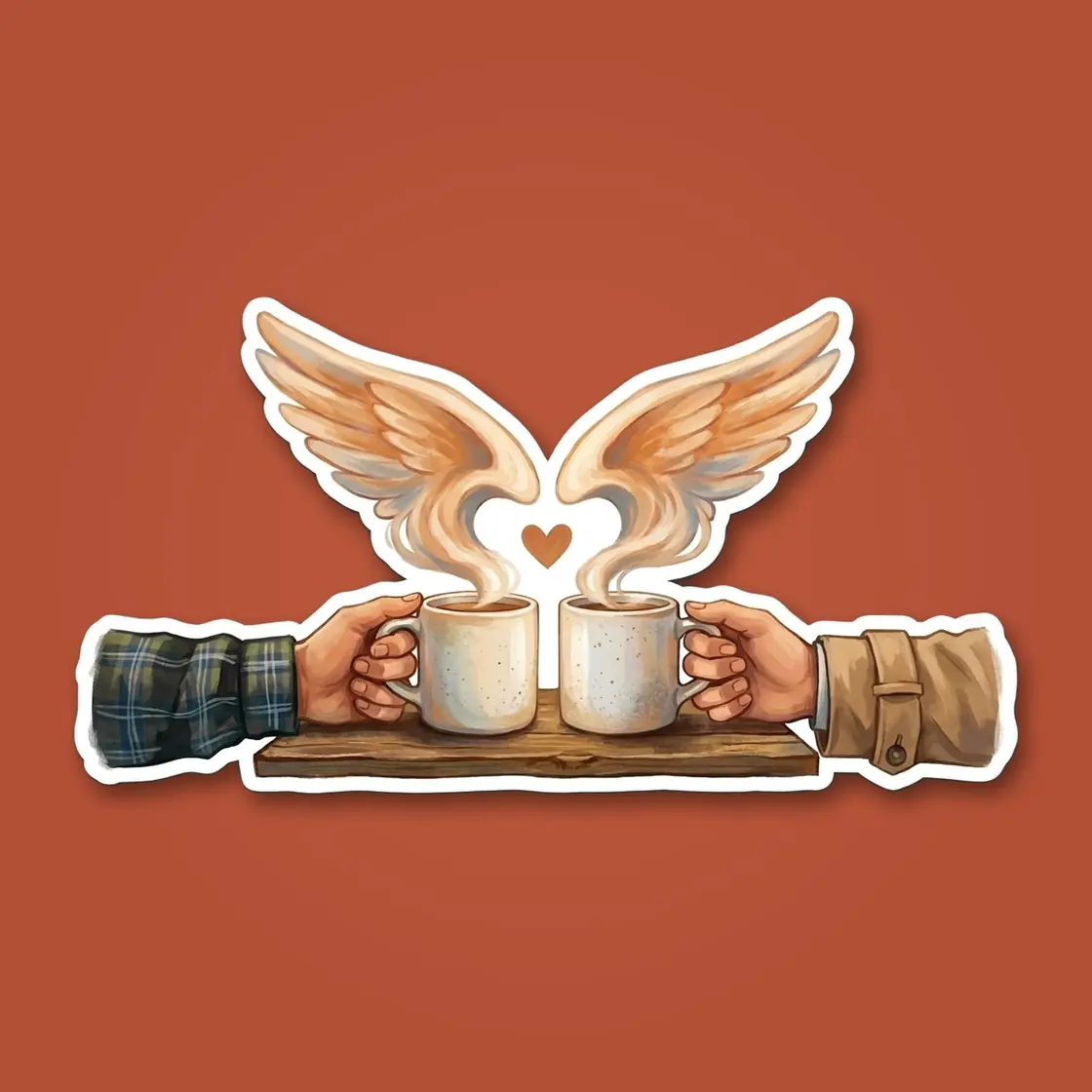 Two steaming coffee mugs sit side by side, one adorned with delicate angel wings to lovingly represent Dean and Castiel., view 2