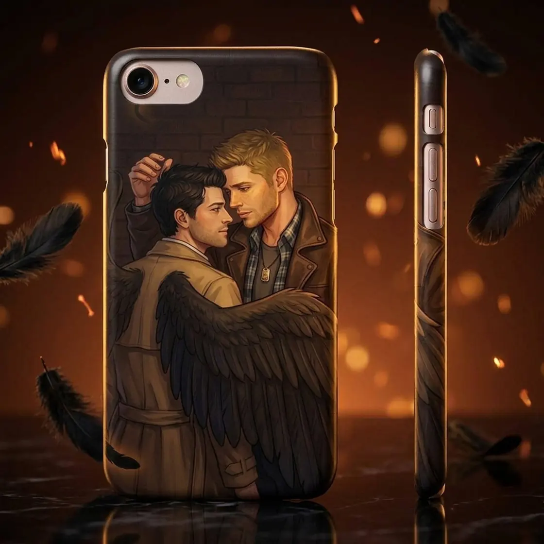 Dean tends to Castiel's dark feathered wings in this quiet moment of profound trust and vulnerability.