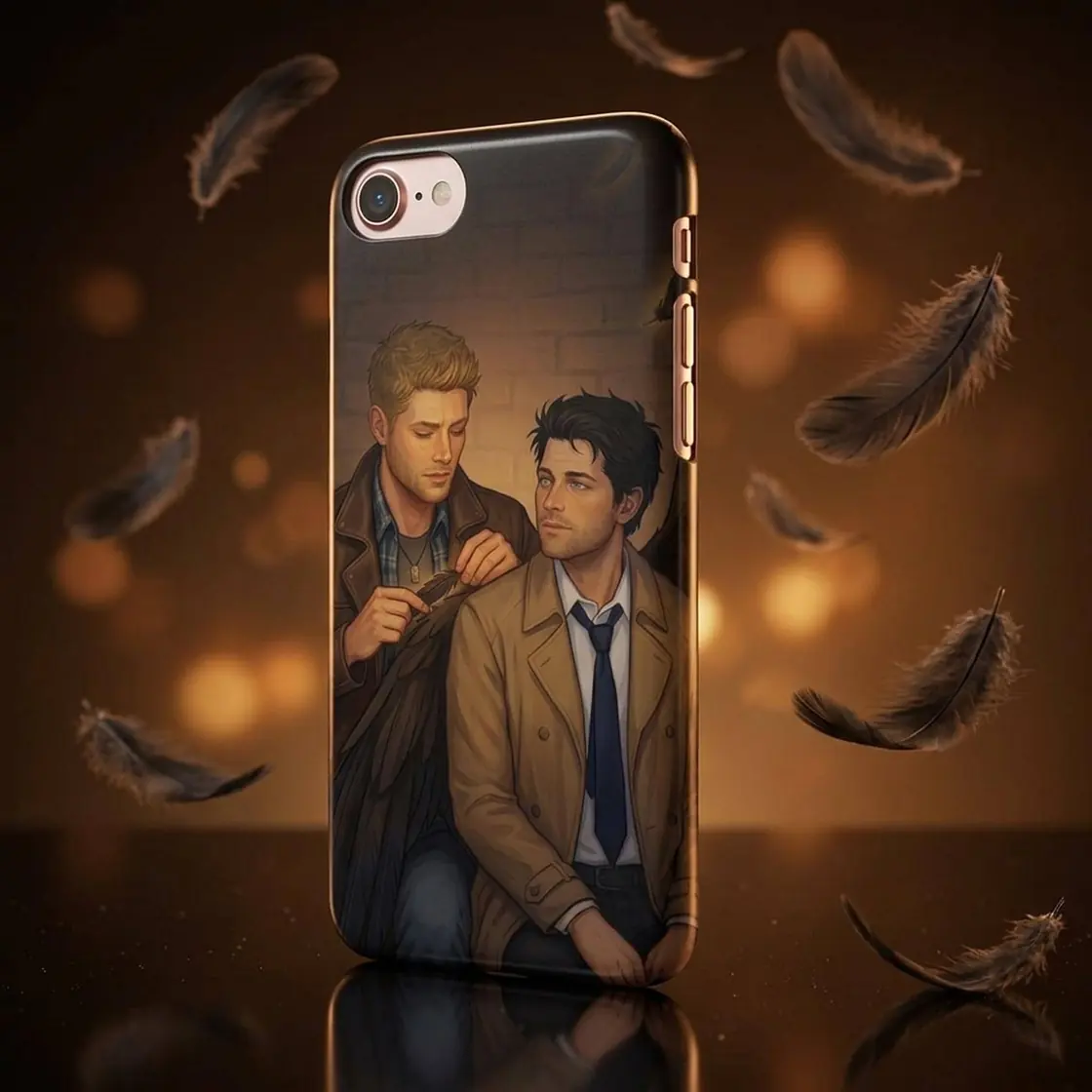 Dean and Castiel stand together framed by dark angelic wings in this beautiful depiction of their bond., view 2