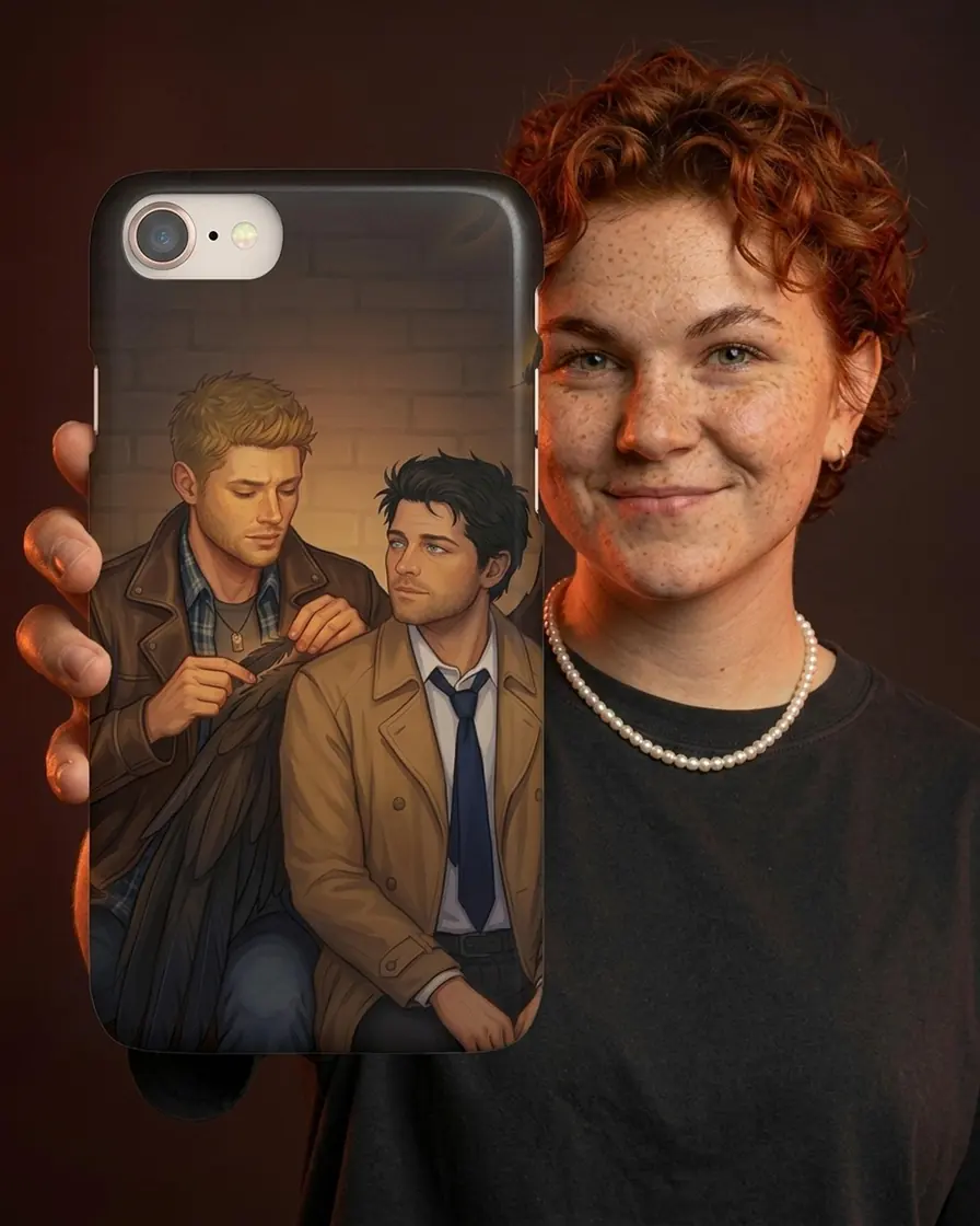 Dean and Castiel stand together framed by dark angelic wings in this beautiful depiction of their bond., view 3