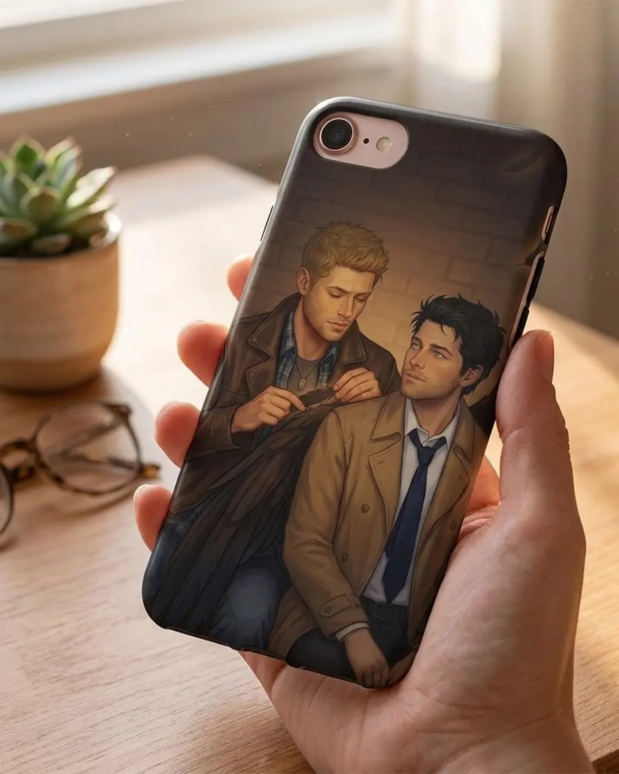 Dean and Castiel stand together framed by dark angelic wings in this beautiful depiction of their bond., view 4