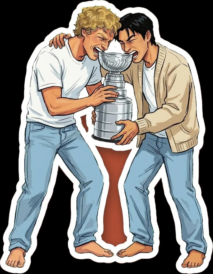 Ilya Rozanov gleefully bites down on the edge of the championship trophy, celebrating his hard-fought victory with pure unbridled chaos.