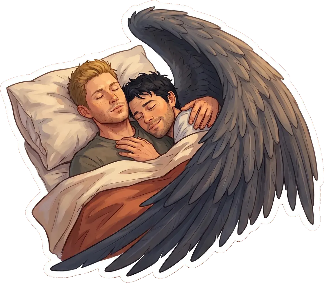 Castiel gently drapes his large, shadowy angel wings like a warm blanket over a sleeping Dean.