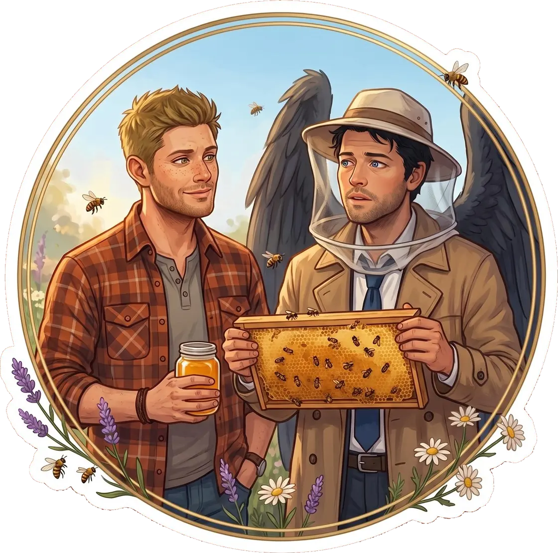 Embracing a peaceful life, Cas tends to his buzzing bees and offers Dean a fresh jar of sweet honey.