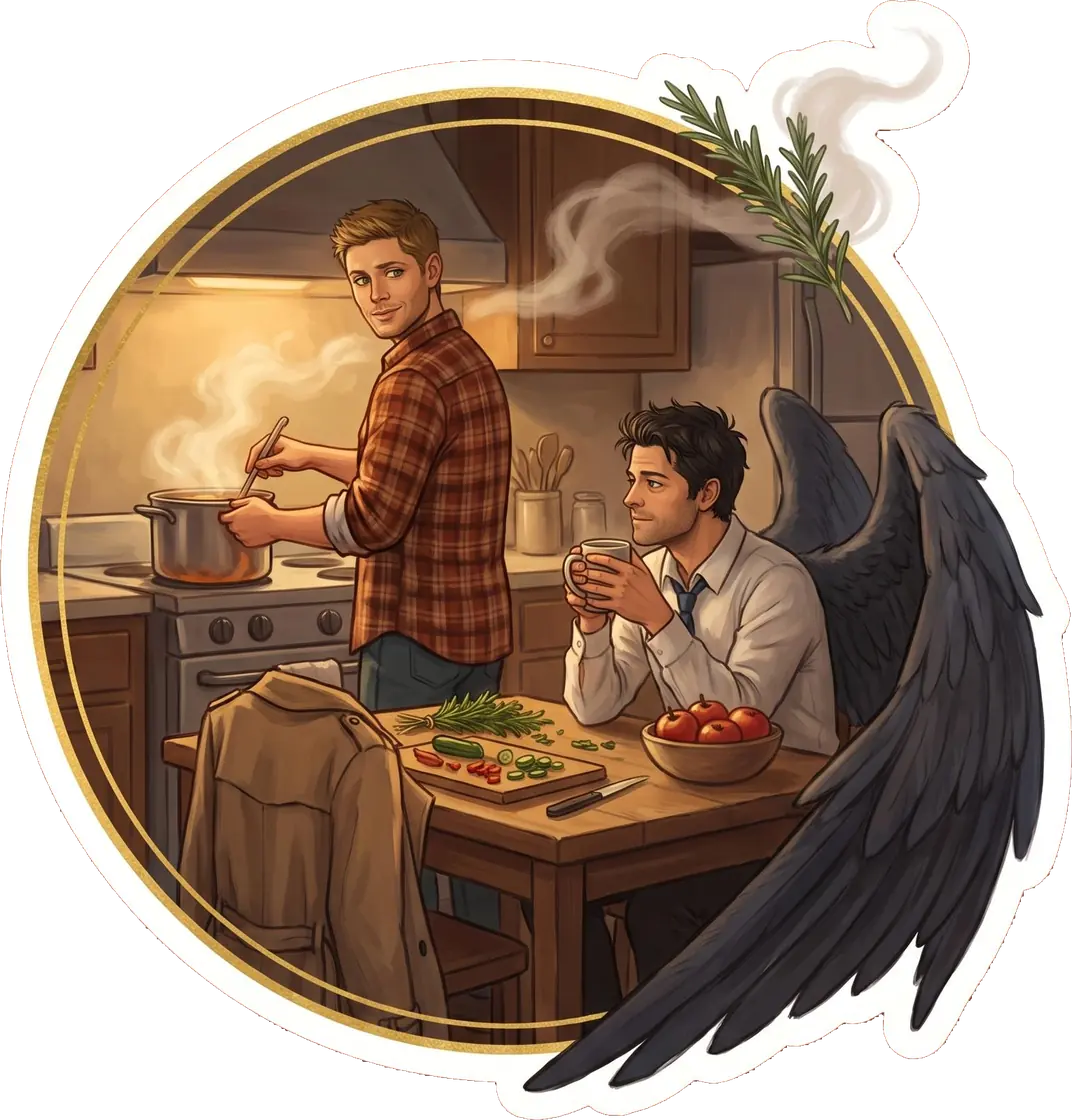 A fully winged Castiel helps Dean prepare a quiet, domestic meal together in the bunker kitchen.