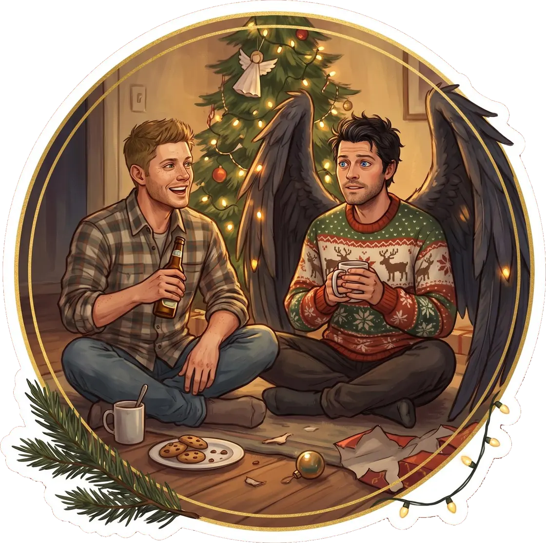 Tucked away warmly inside the bunker, Dean and Cas proudly show off their wonderfully awful matching Christmas sweaters.