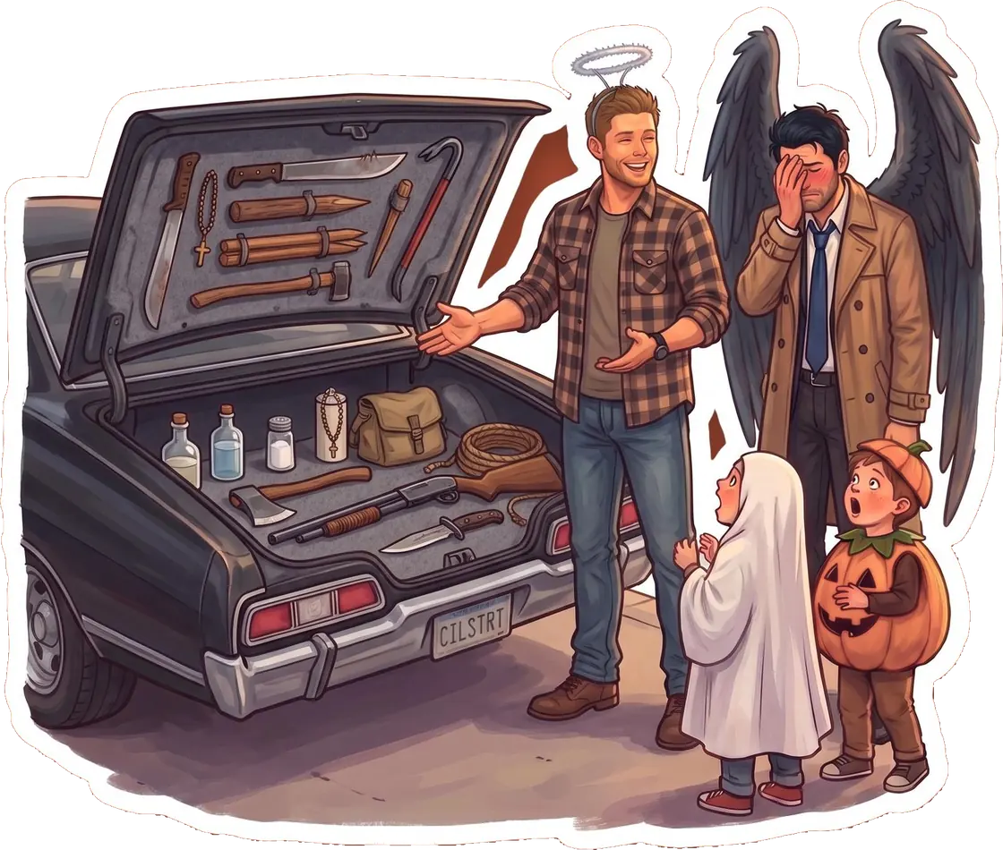 The iconic trunk of the Impala is fully stocked with hunter weapons and secretly stashed Halloween candy.