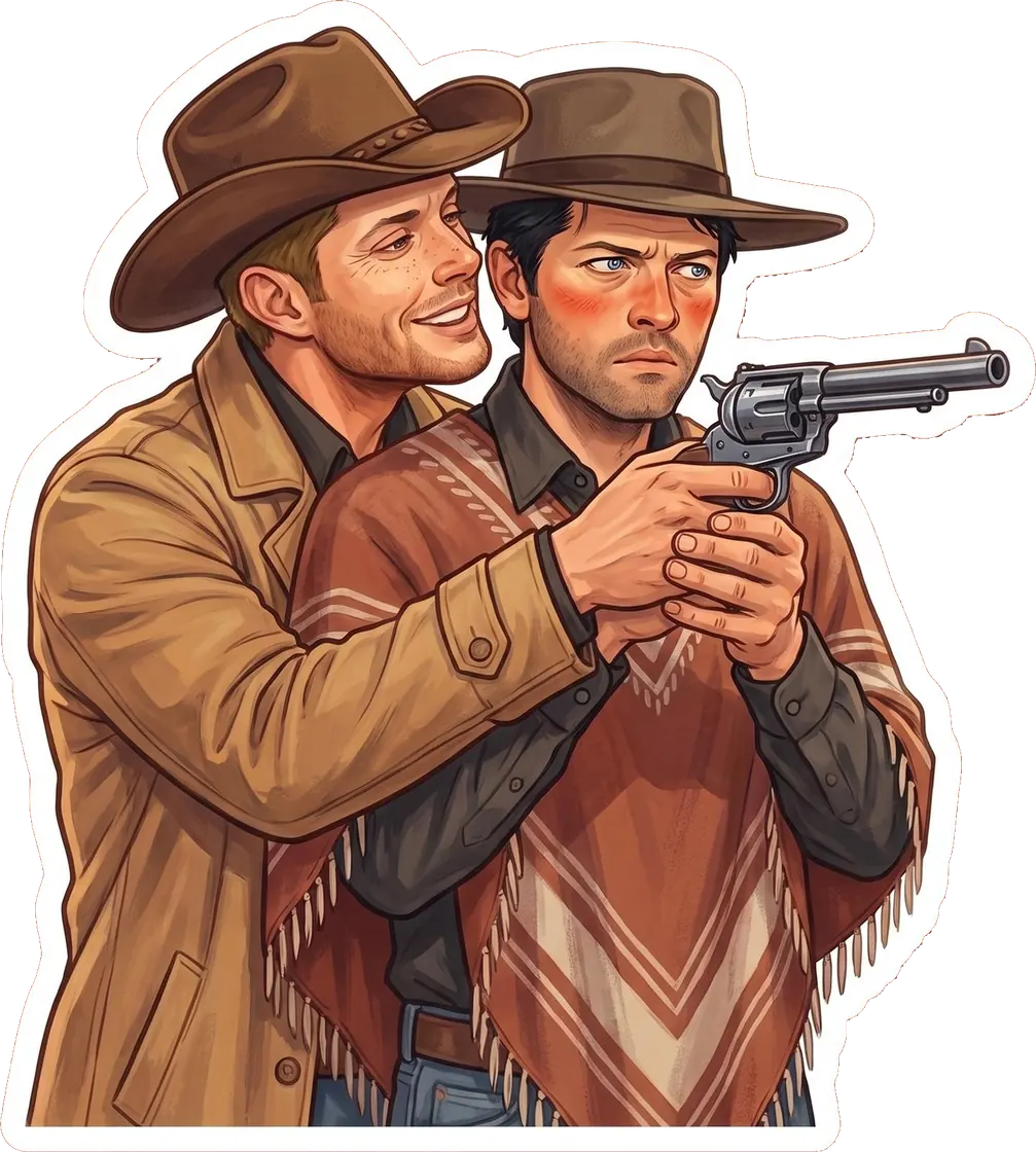 Dean gives Cas a hands-on western shooting lesson while dressed up in his favorite cowboy Halloween costume.