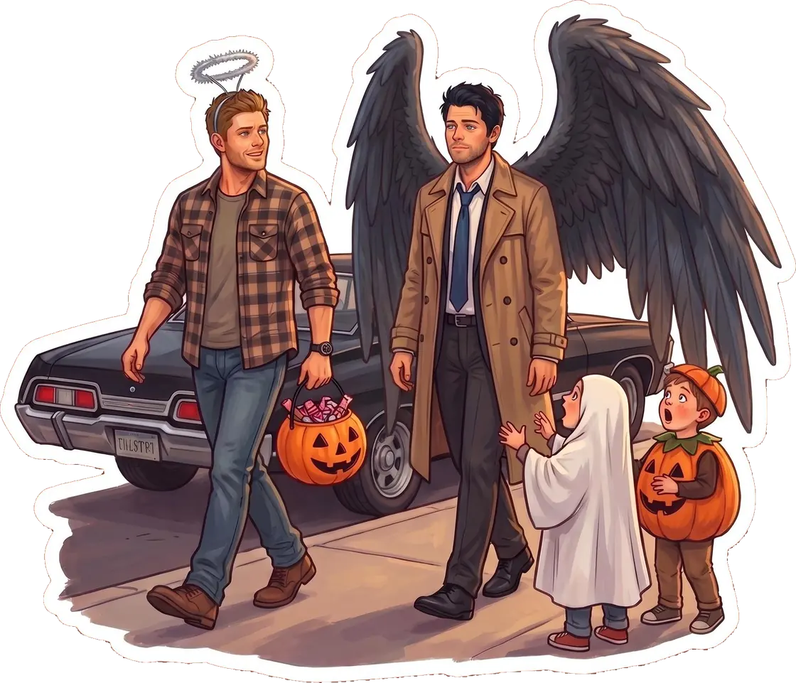 Dean and Cas hit the streets for a night of trick or treating in their carefully coordinated outfits.