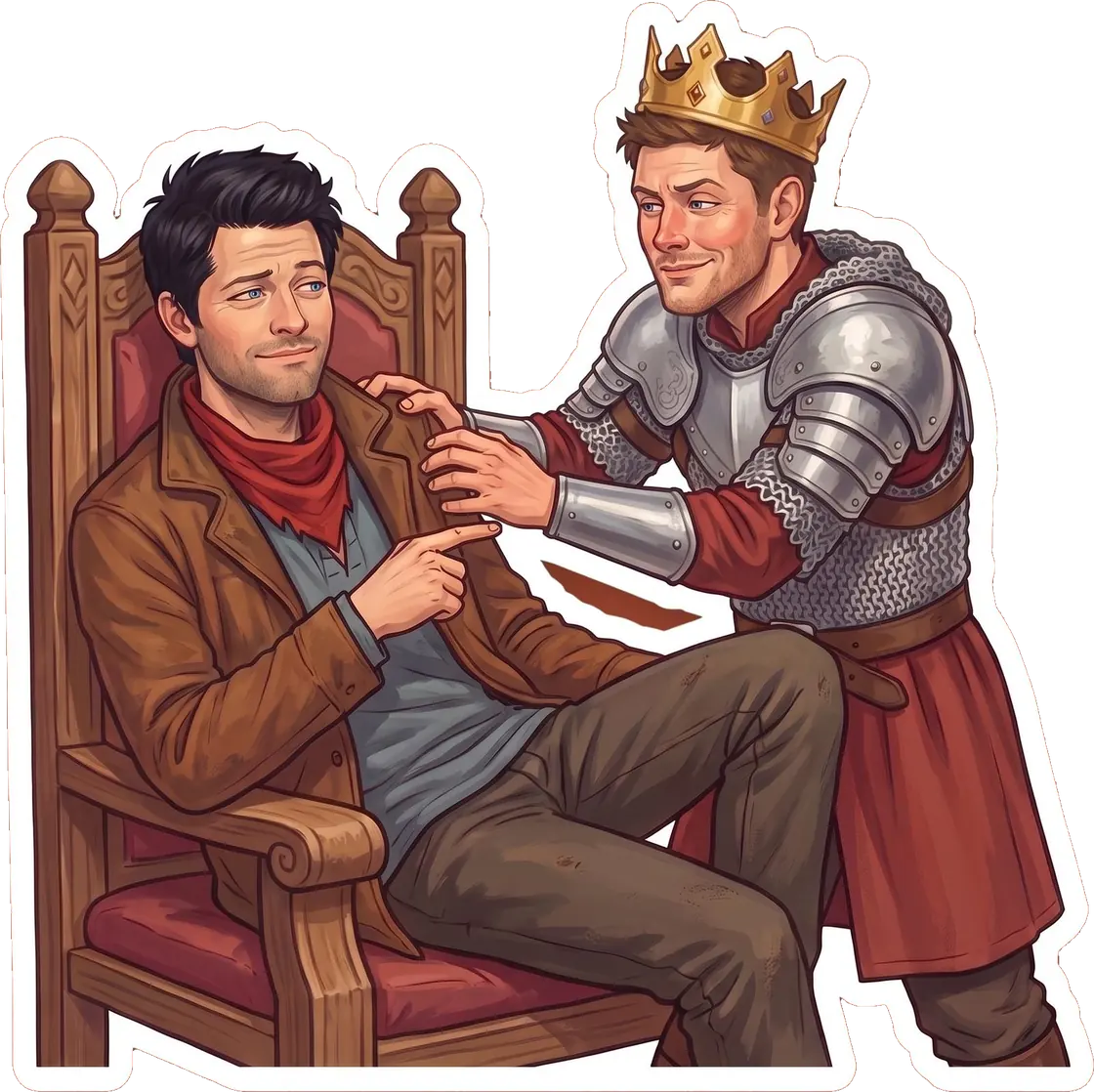 Dressed as a medieval knight for Halloween, Dean stubbornly guards his makeshift throne from a highly amused Cas.