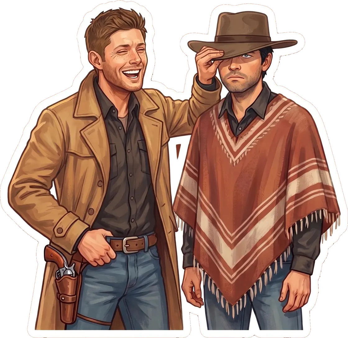 Dean tips a classic western cowboy hat over Castiel's eyes as they show off their Halloween looks.