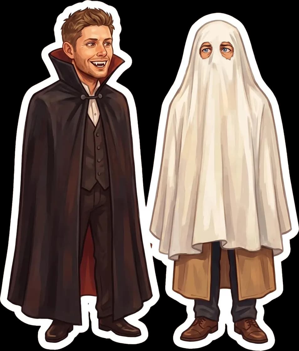Dean dresses as a classic vampire while Castiel goes the simple route as a spooky white sheet ghost.