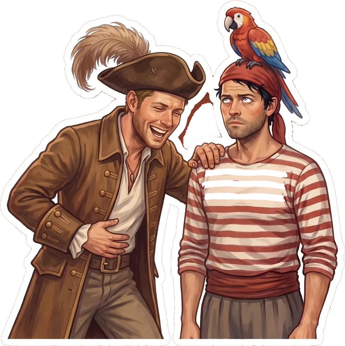 Dean fully commits to his Halloween pirate costume, complete with a colorful parrot resting on his head.