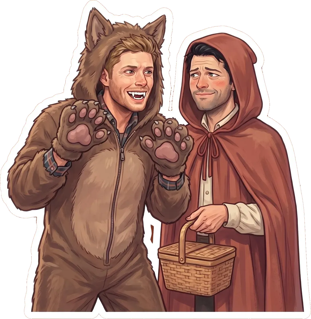 Dean sports a fierce werewolf costume while Castiel looks entirely unamused dressed up in a little red riding hood outfit.