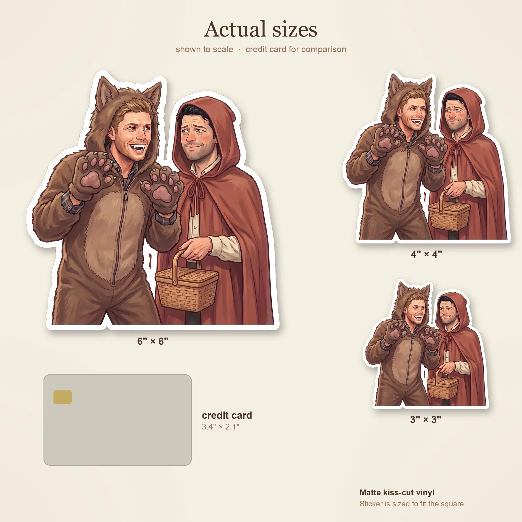 Dean sports a fierce werewolf costume while Castiel looks entirely unamused dressed up in a little red riding hood outfit., view 3