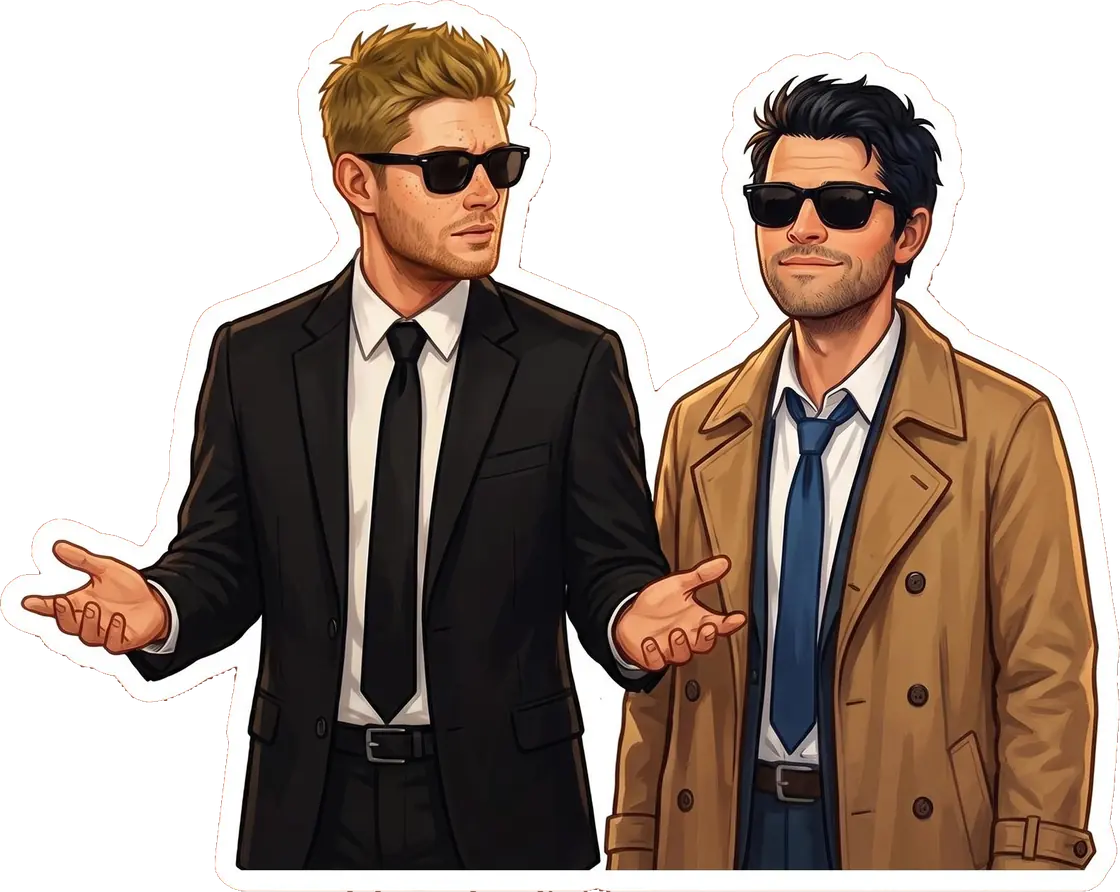 Dean and Castiel don matching sharp black suits and sunglasses for a classic undercover agent Halloween costume.