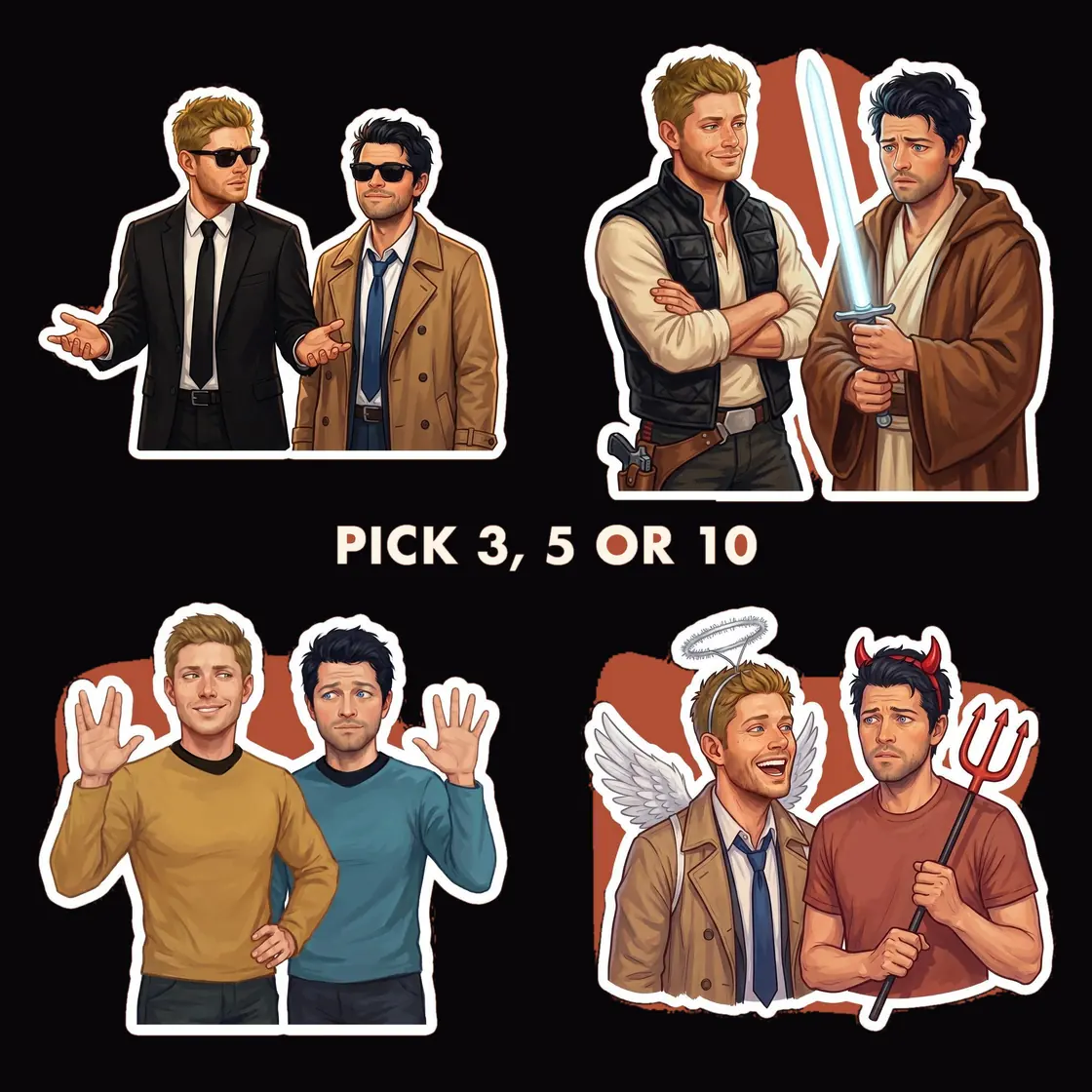 Create your own fun collection of Dean and Castiel dressed up in various festive Halloween costumes.