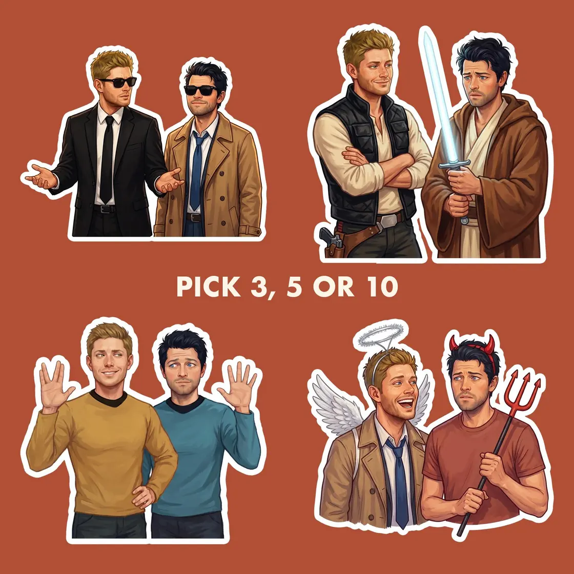 Create your own fun collection of Dean and Castiel dressed up in various festive Halloween costumes., view 2