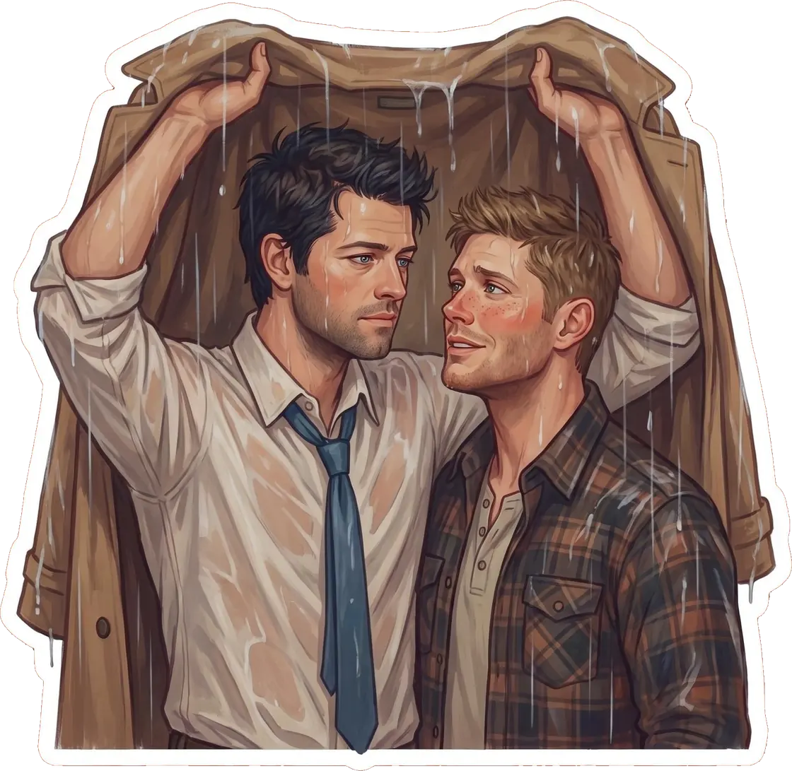 Dean and Castiel stand close together in the pouring rain, sharing an umbrella and a quiet gaze.