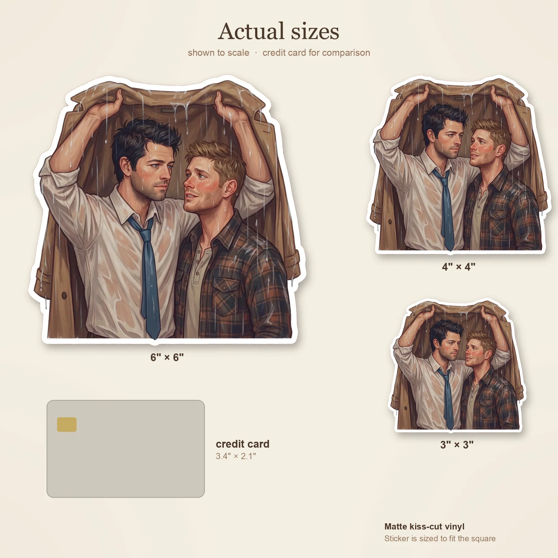Dean and Castiel stand close together in the pouring rain, sharing an umbrella and a quiet gaze., view 3